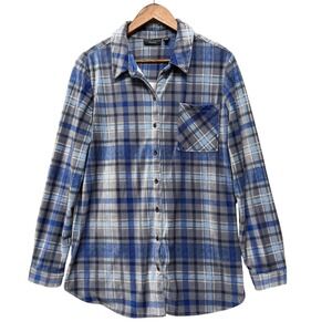 Susan Graver Weekend Tunic Shirt Women L Blue Plaid Corduroy Button Down A456429